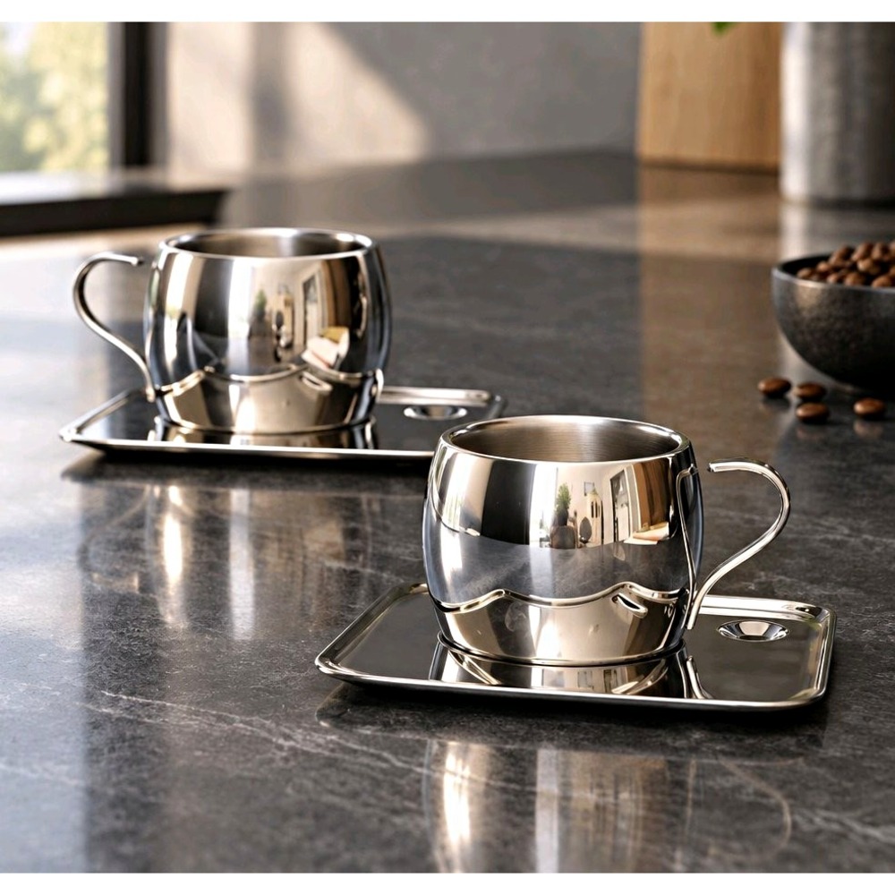 Tramontina Stainless Steel Square Decorated Cup & Saucer Set Silver 4pc